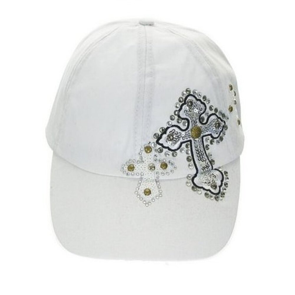 Women Inspirational Cross Trio Rhinestone Cap Hat White Sequin Decorative Cotton